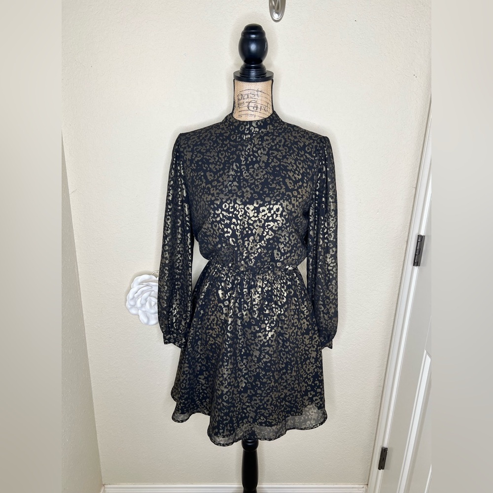 NTM Cupcakes & Cashmere Black Gold Leopard Print Dress Mock Neck Sheer Sleeve S
